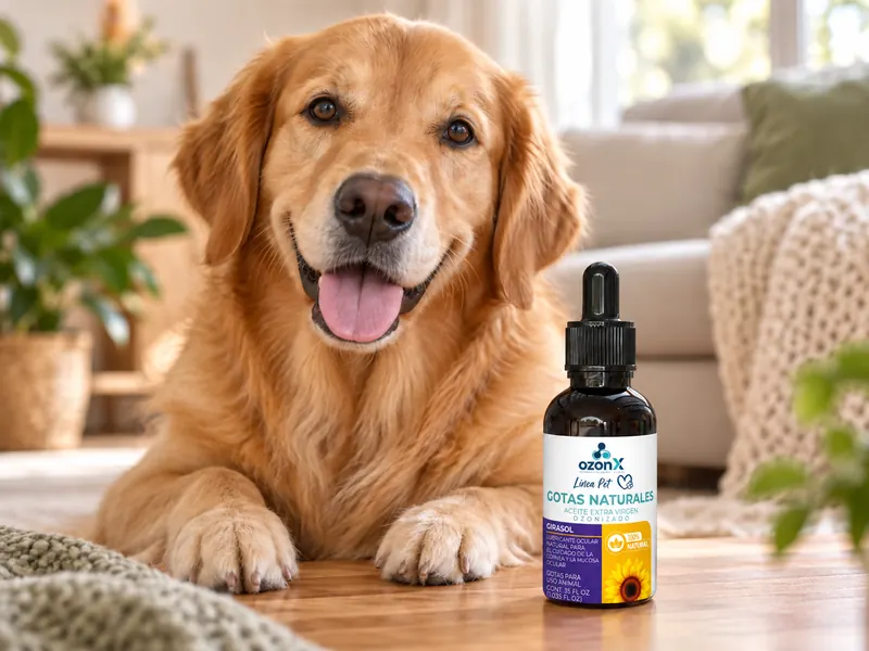 Mascota junto a un frasco de OzonX Pet